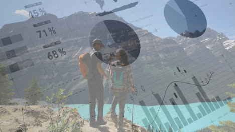 business data charts and graphs animation over hikers overlooking mountain lake