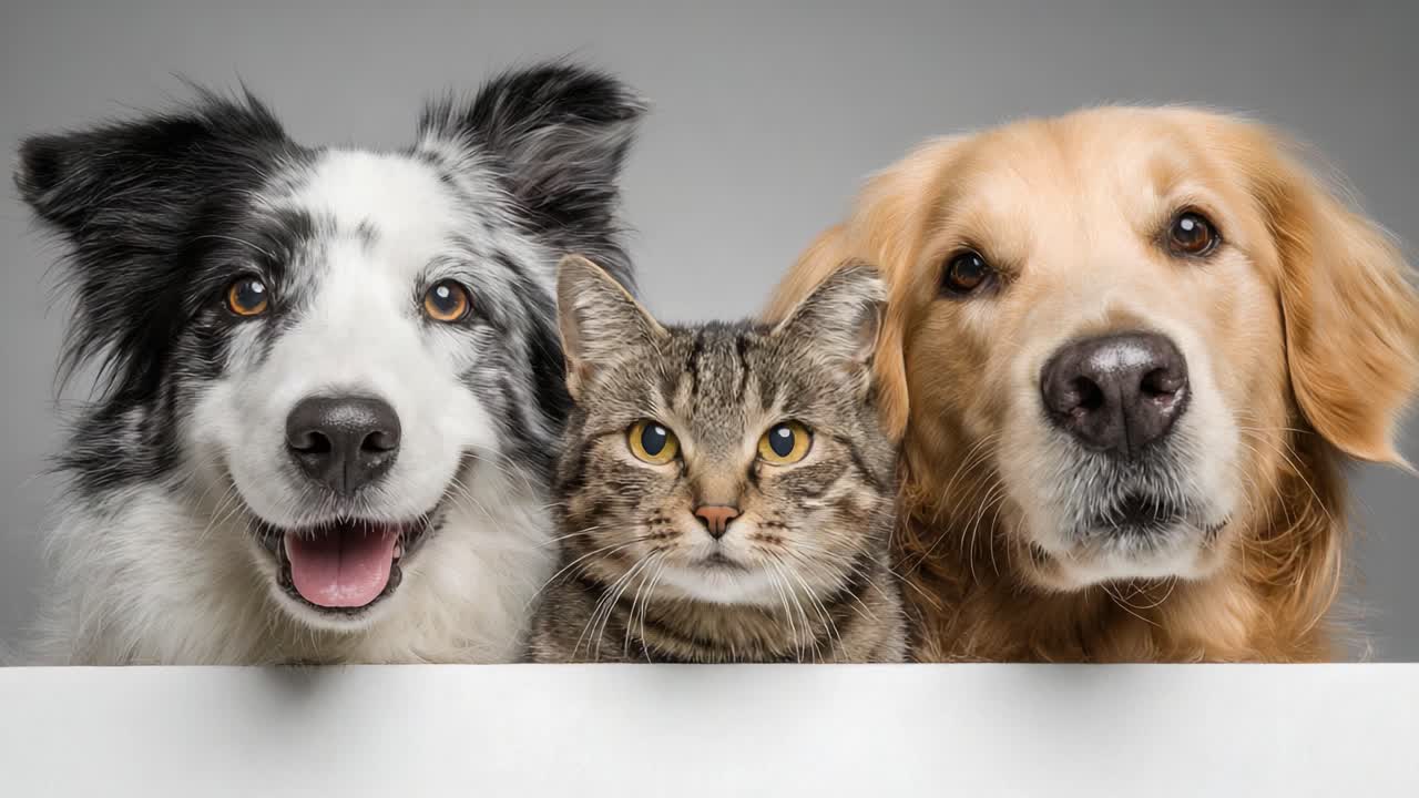 A Delightful Trio: Captivating Portrait of Two Dogs and a Cat Posing Together, Showcasing Their Unique Personalities and Affection in a Charming Studio Setting