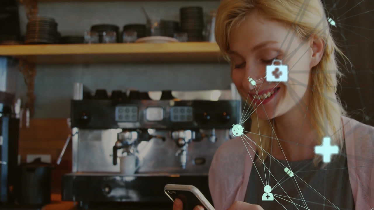 Woman checking smartphone by espresso machine, showing animated medical icons and network lines