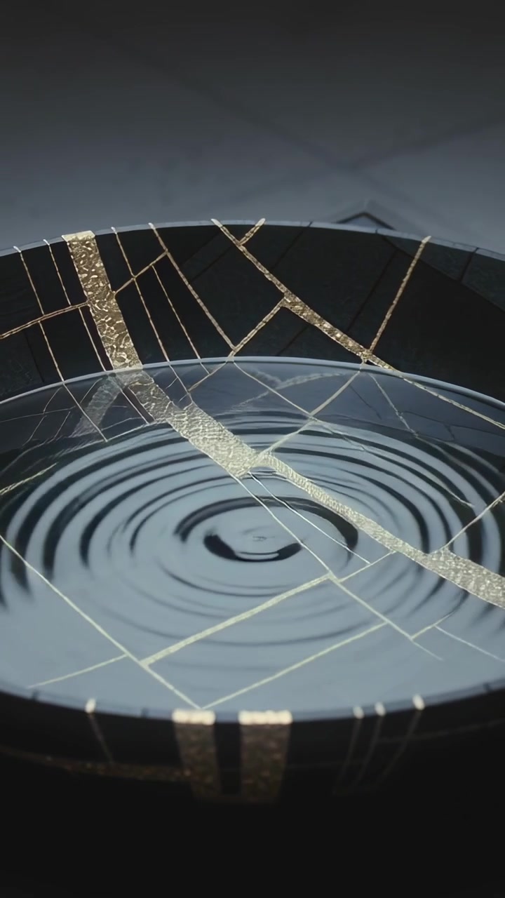Vertical video: Droplet striking black bowl, creating ripples in water on table
