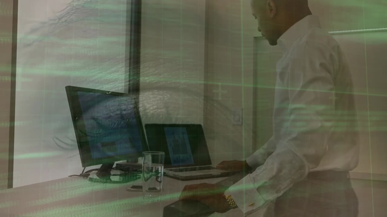 Animation of data processing over african american businessman on treadmill working with computers