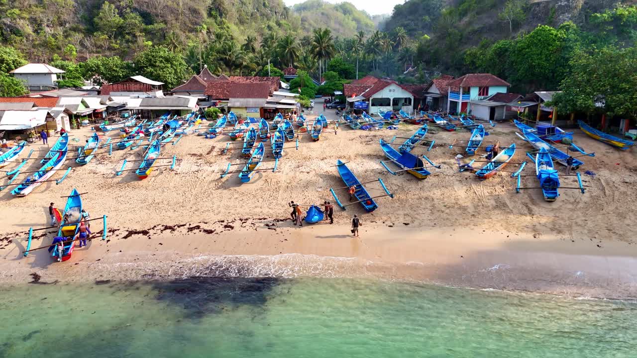 Aerial View of Fishing Boats on a Tropical Beach in Indonesia