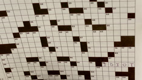 Closeup of a crossword puzzle with only one answer filled in with black pen, idiot