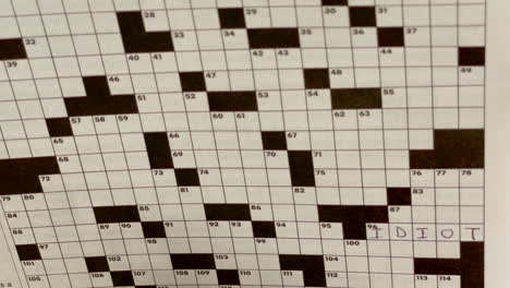 closeup of a crossword puzzle with only one answer filled in with black pen, idiot