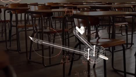 animation of compass icon and mathematical equations over empty classroom