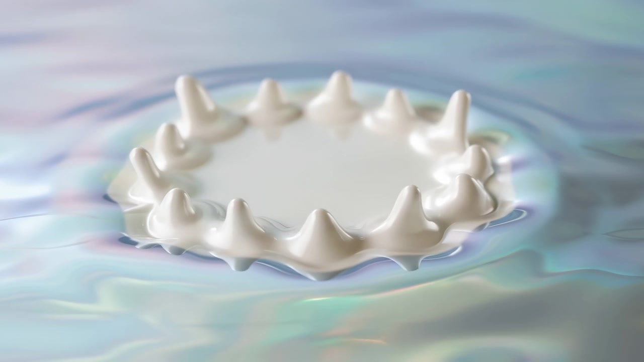 牛乳のような液体が衝突し、クラウンスプラッシュが形成され、その後低いスカラップ状の縁に崩れ落ちる様子をクローズアップ。液体が落ち着くにつれて波紋が外側に広がり、玉虫色のハイライトが輝いている。