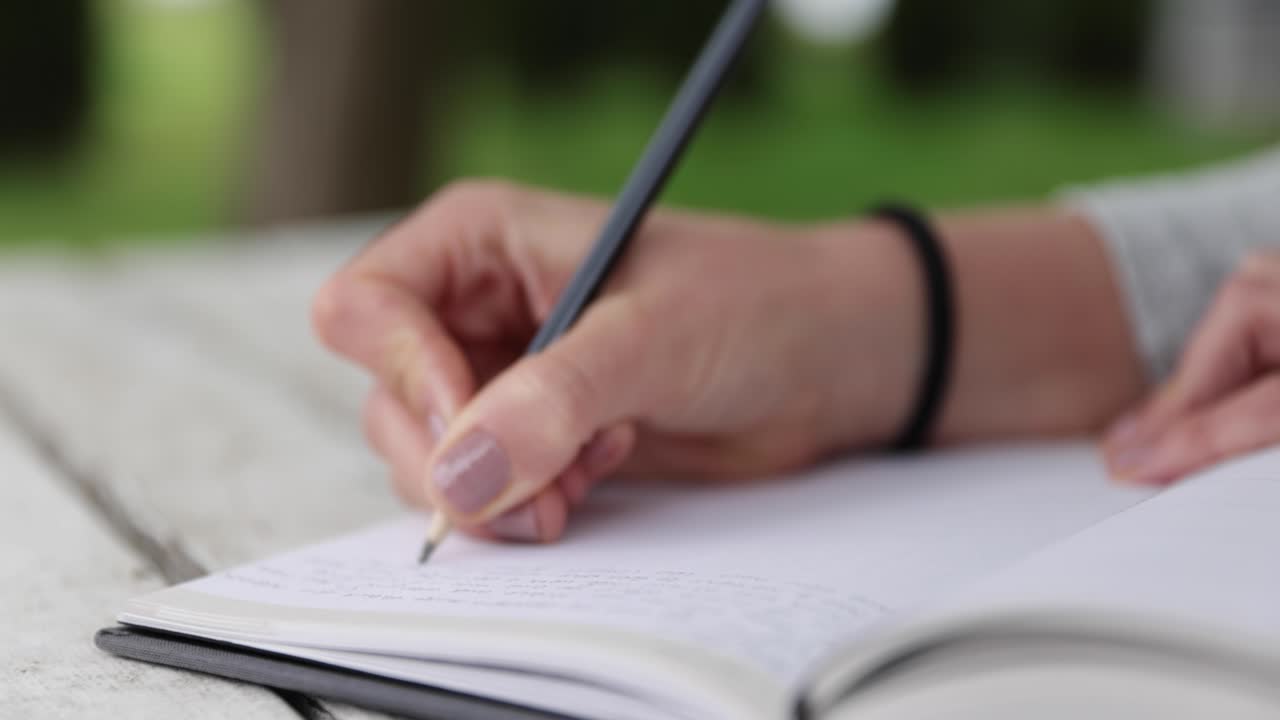 female hands writing in journal, sitting on white table in the green garden, handheld closeup