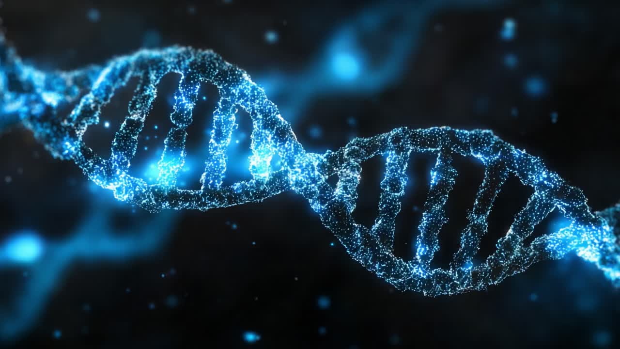 Immagine accattivante della struttura a elica del DNA illuminata da scintillanti particelle blu, che rappresenta informazioni genetiche e concetti di biologia molecolare con dettagli mozzafiato.