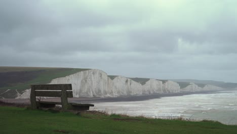 empty bench at the seven sisters on a cloudy day