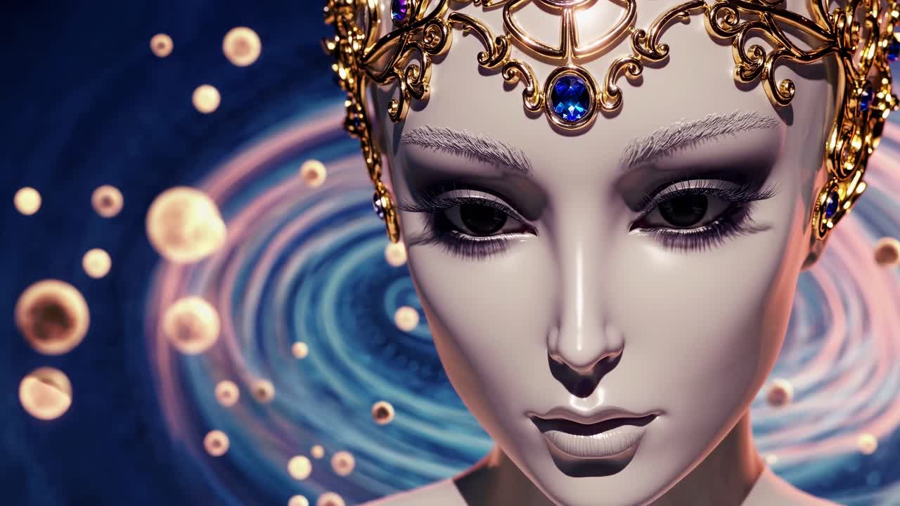 Golden adorned mannequin standing in ethereal cosmic environment, featuring intricate makeup and serene pose against swirling nebulae and luminescent particle background