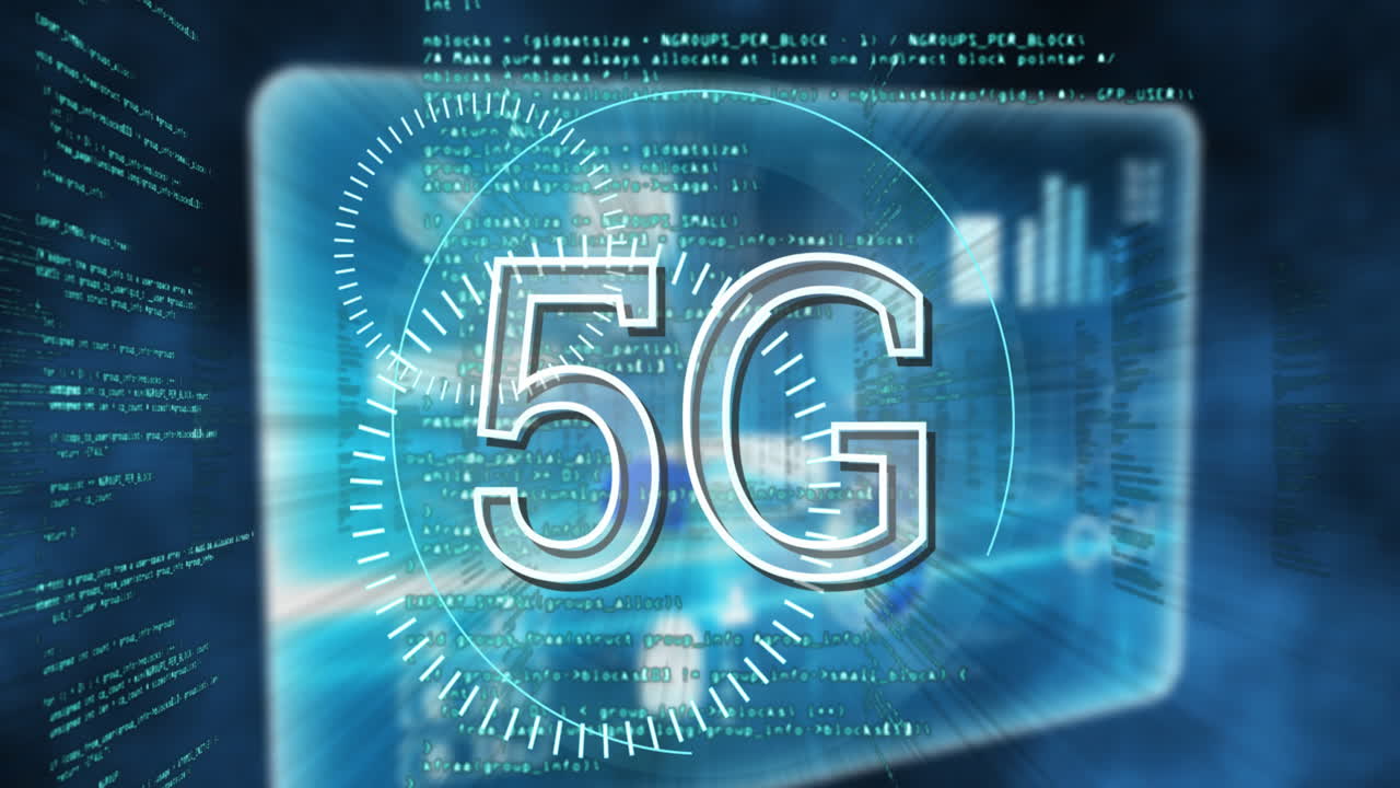 animazione di testo 5g, scansione dello scopo e elaborazione dei dati sugli schermi