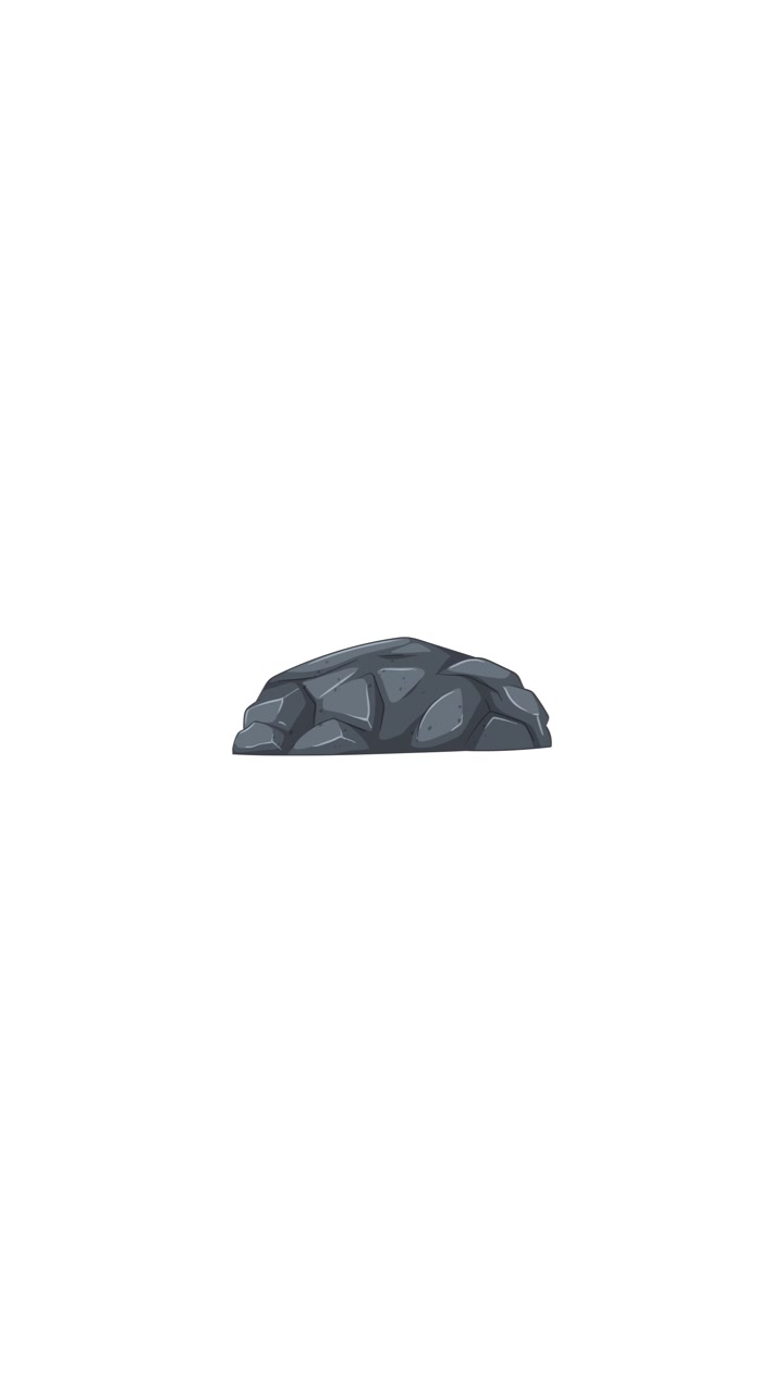 A stylized rock appears, enlarges, and explodes into fragments, with background color shifting from black to white to green. Flat 2D animation, smooth transitions