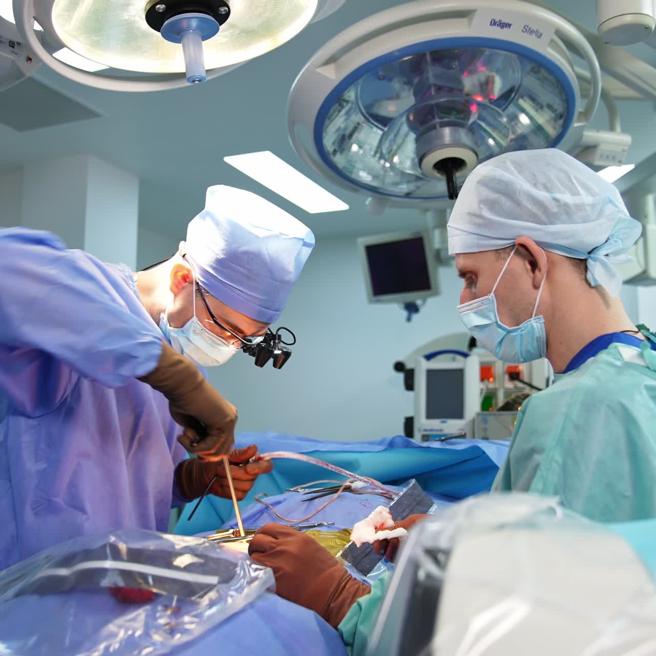 Neurosurgery specialist operating patient using metal tool. Doctor's assistant cleans the instrument. Modern surgery backdrop