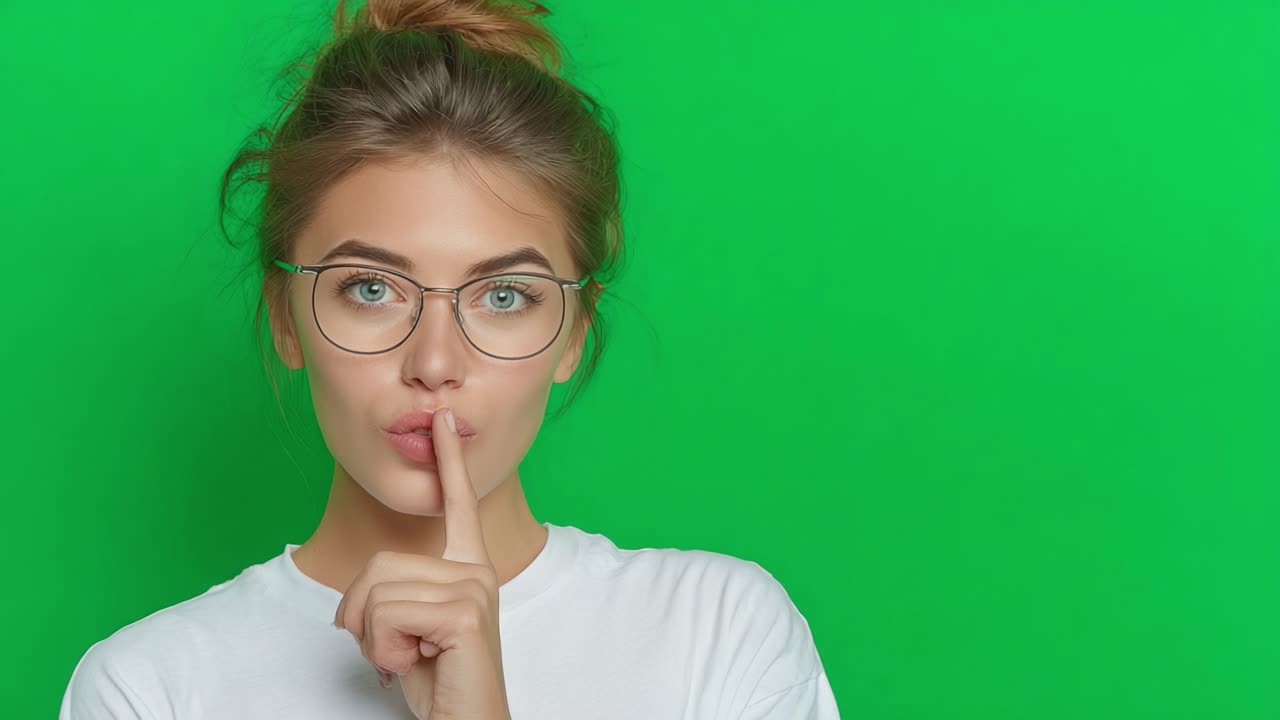 A young woman with glasses showcases a silent gesture, pressing her finger to her lips against a vibrant green backdrop, emphasizing a playful yet intriguing mood