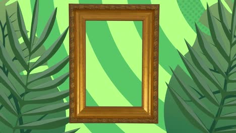 animation of empty picture frame with leaves and trees on striped green background