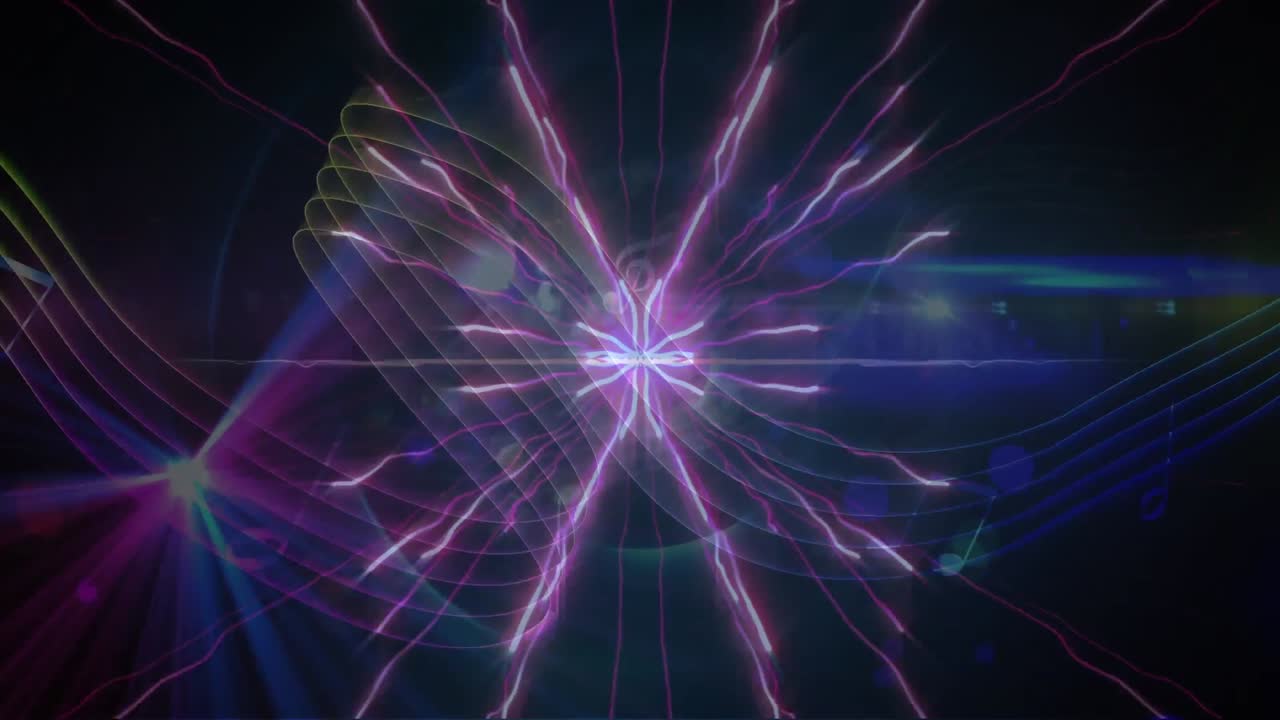 animación de puntos brillantes, rastros de luz y notas sobre un fondo negro