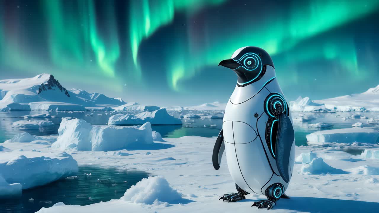 el pingüino robot futurista en el ártico