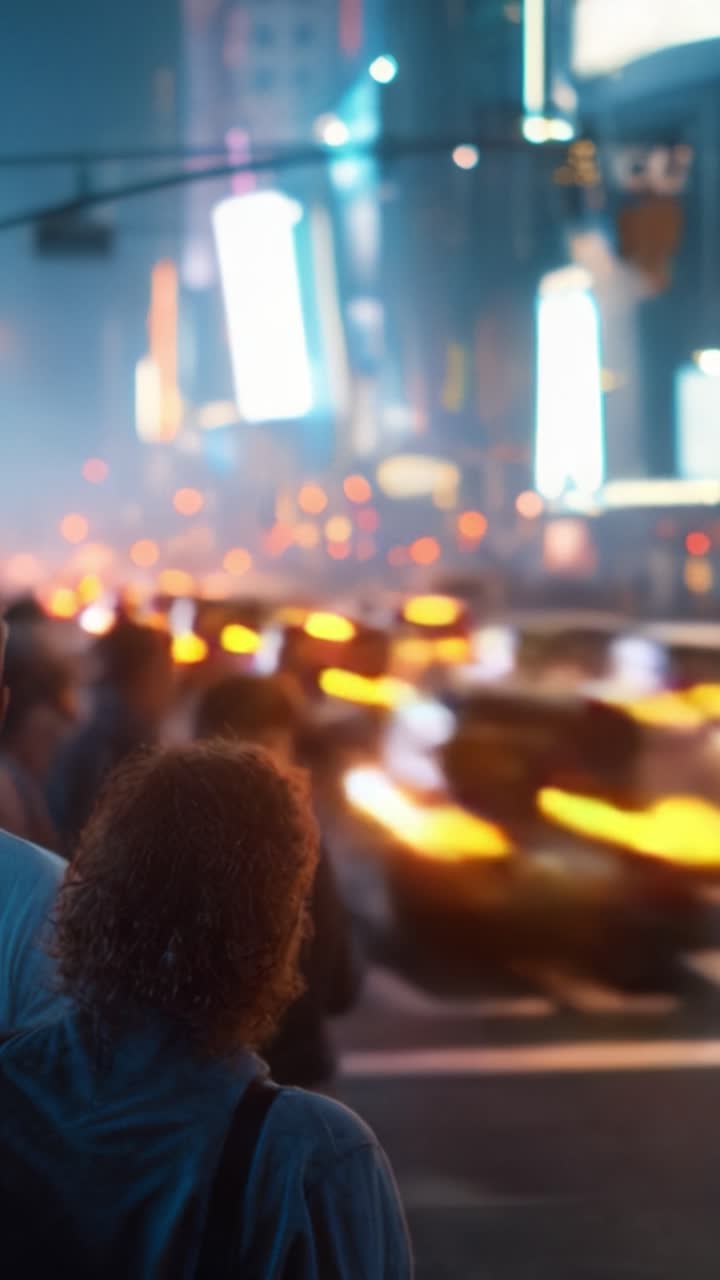 Un osservatore sereno in mezzo al trambusto del traffico caotico della città, con luci al neon e pubblicità luminose che creano un'atmosfera urbana vibrante di notte