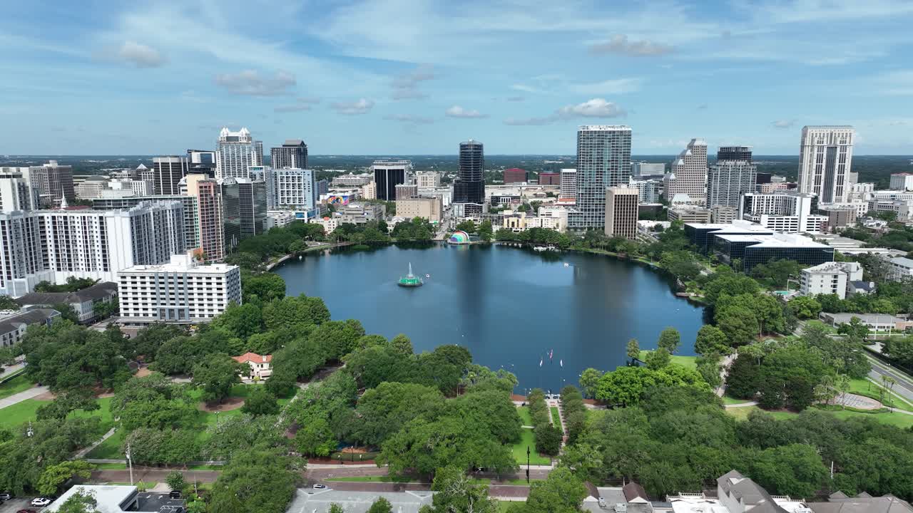 Linton E. Allen Memorial Fountain At Lake Eola Park In Orlando, Florida, United States. Aerial Drone Shot