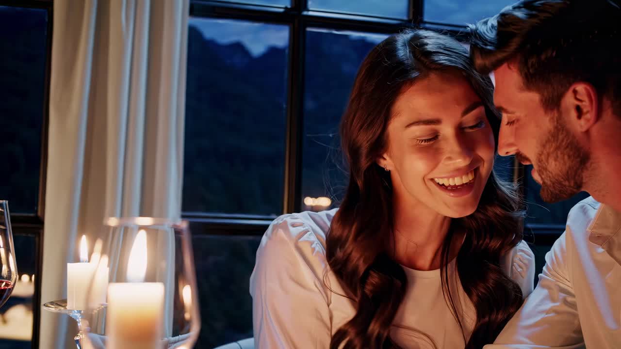 Romantic dinner video scene with a close-up angle. A couple shares an intimate moment