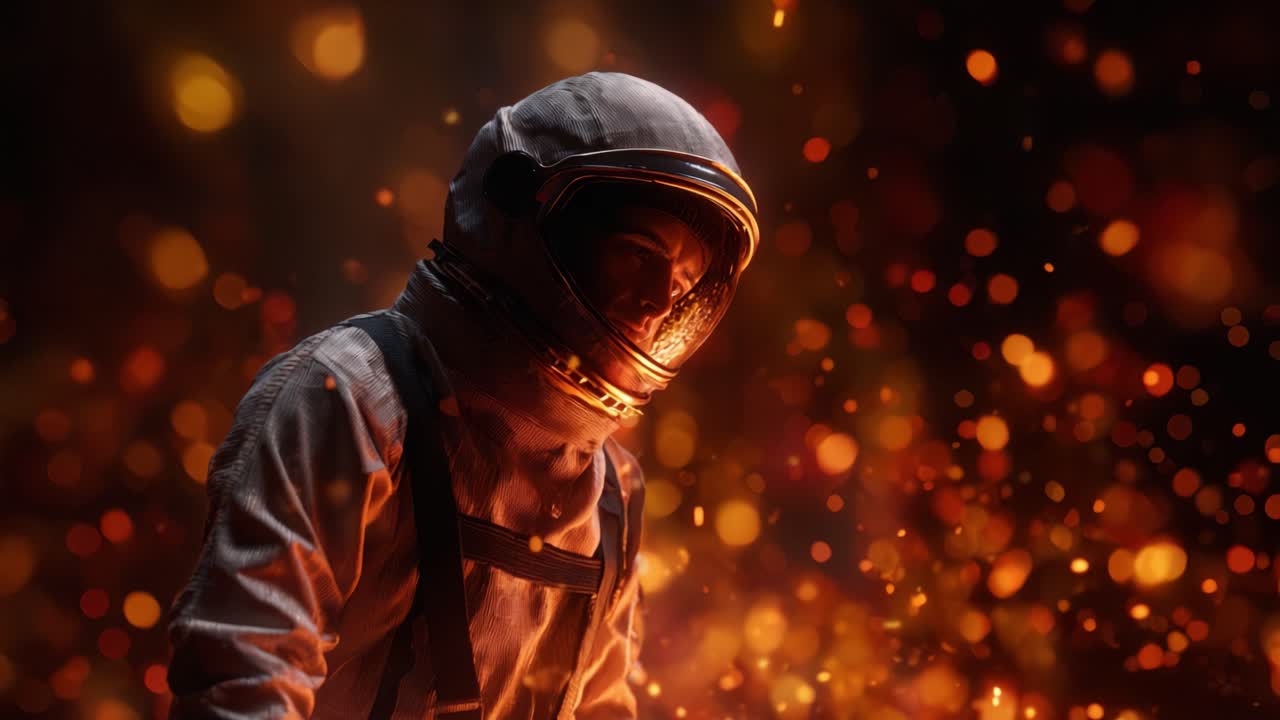 En astronaut kontemplerer midt i et flammende skjær, omgitt av svevende lyspartikler i en fantastisk sci-fi-atmosfære.