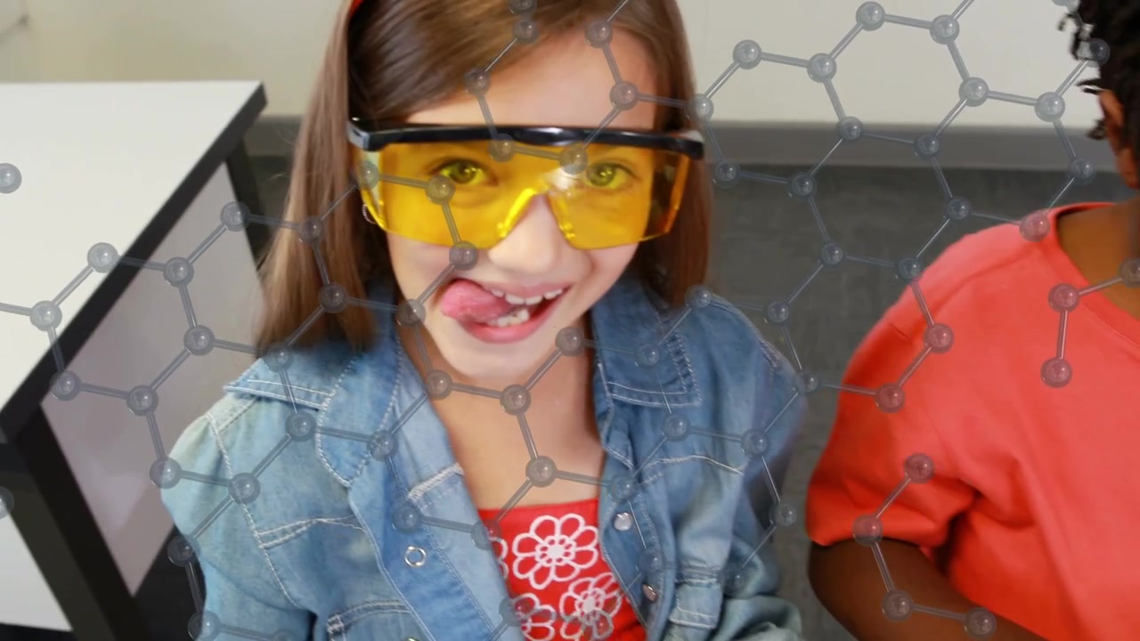 Five kids pouring colored liquids on white table, molecule overlay above flasks for science lab
