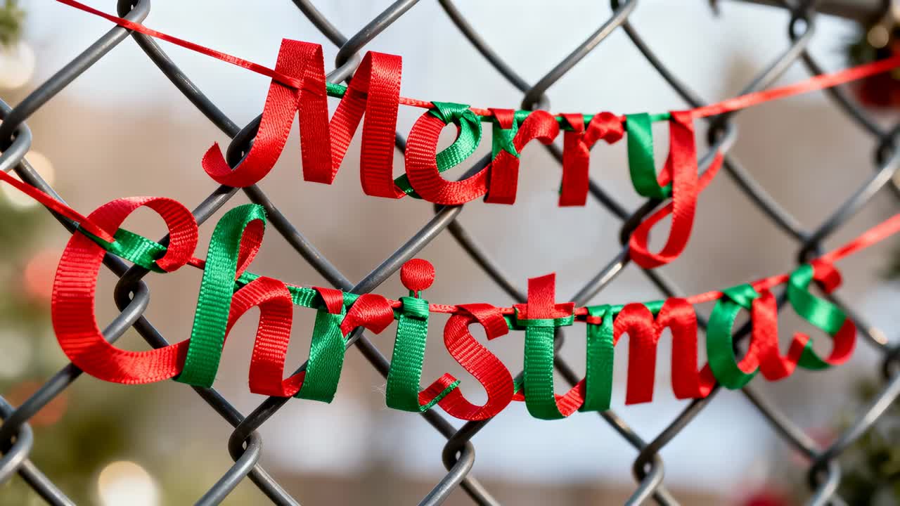 Swaying Merry Christmas letters on chainlink fence, breeze nudging, camera zooming showing message