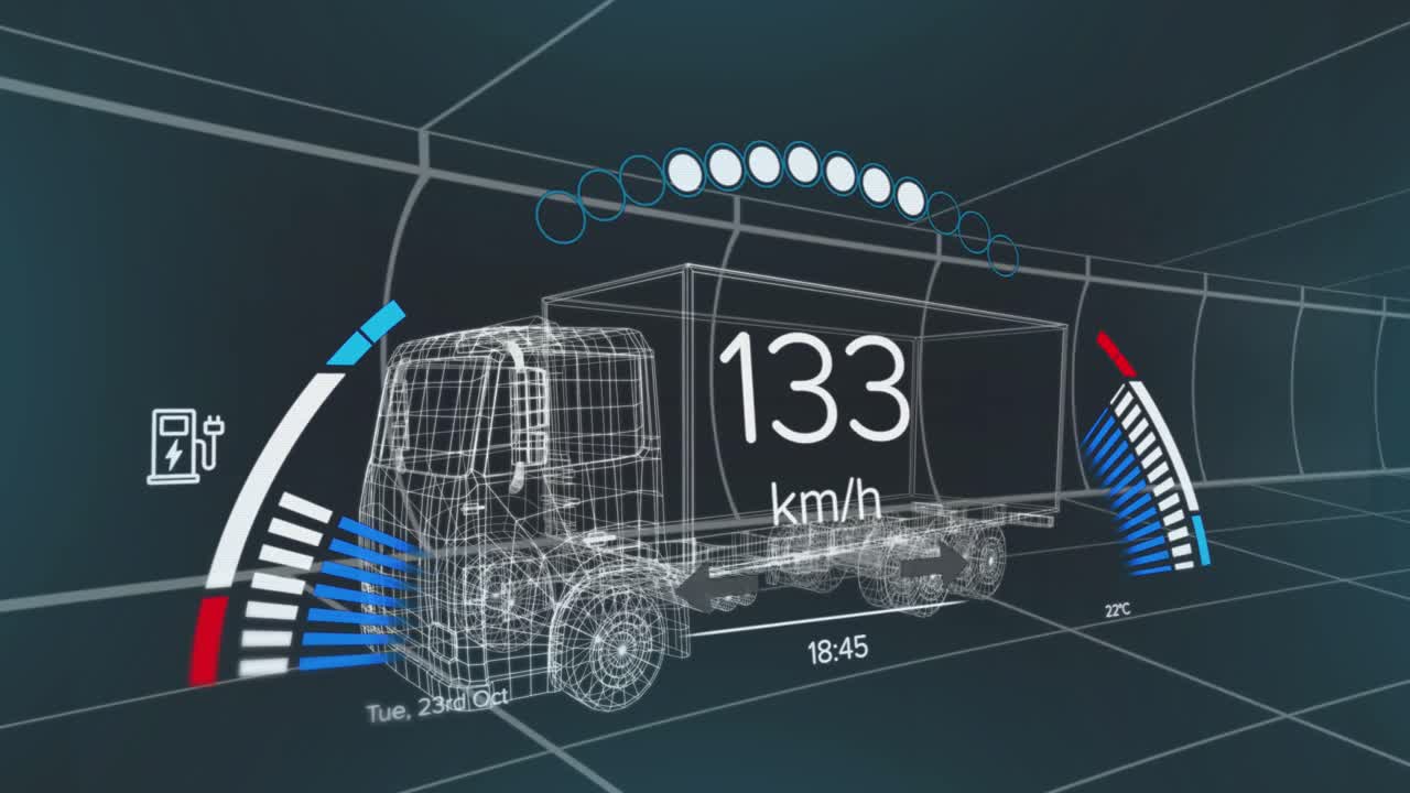 animación del velocímetro, el gps y los datos del estado de carga en la interfaz del vehículo, en un modelo de camión 3d