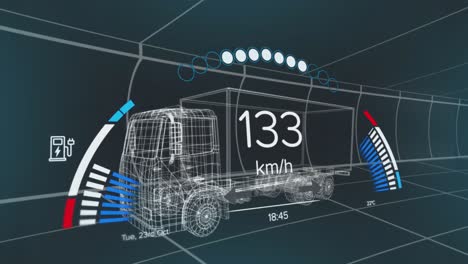 Animation-Von-Tachometer-,-GPS--Und-Ladestatusdaten-Auf-Der-Fahrzeugschnittstelle,-über-3D-Lkw-Modell