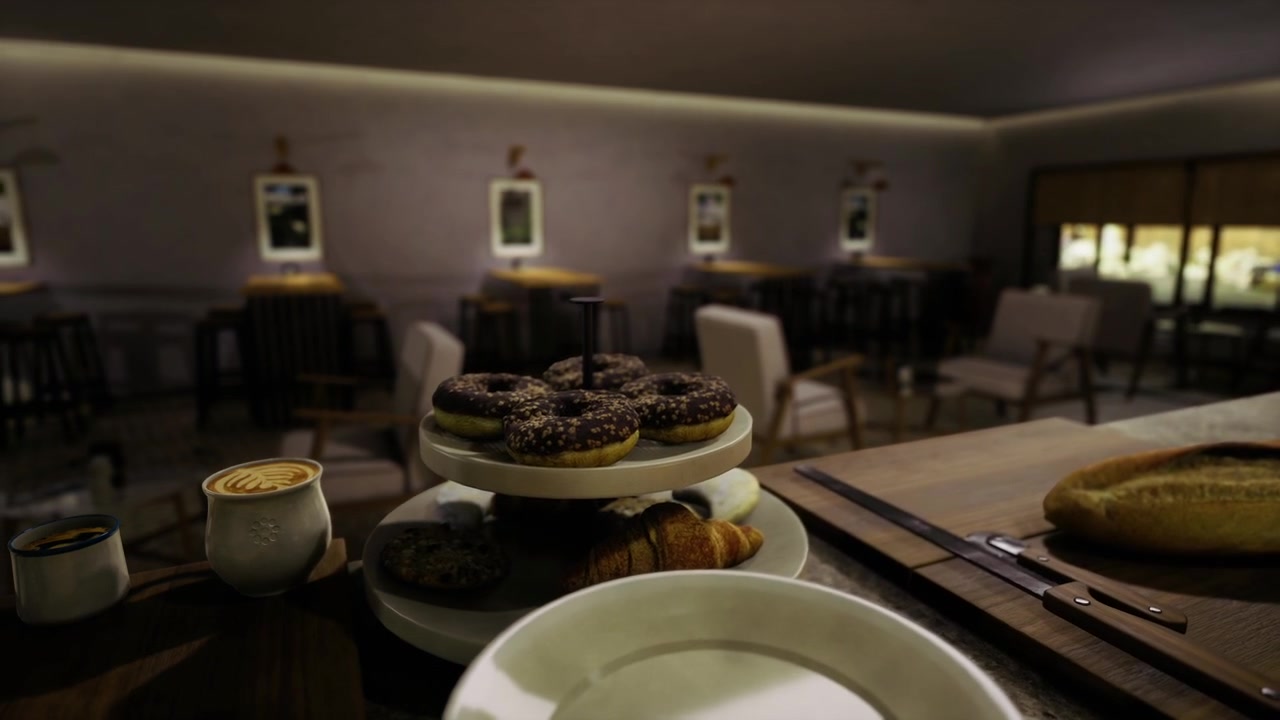 Sjokoladeglaserte smultringer arrangert på etasjefat i innbydende kaféomgivelser.