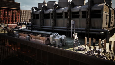 industrial rooftop with cooling towers and pipes