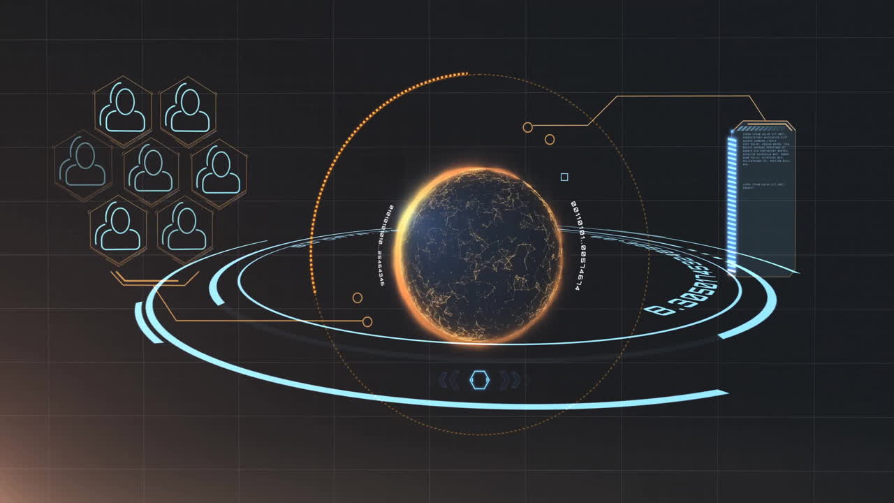 Animation of globe icons and binary coding and data processing over dark background