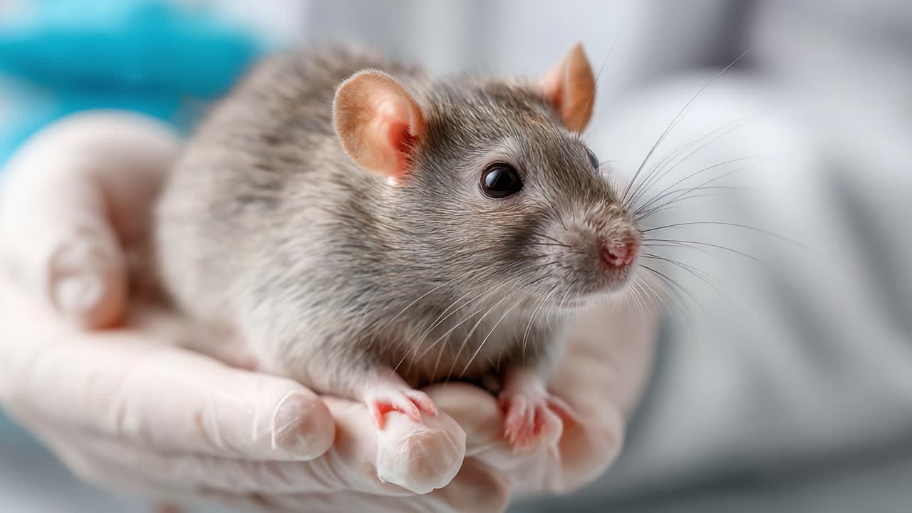 A Close-Up View of a Grey Laboratory Rat Being Held in a Researcher's Gloved Hand, Highlighting the Animal's Detail and Characteristics in a Controlled Environment