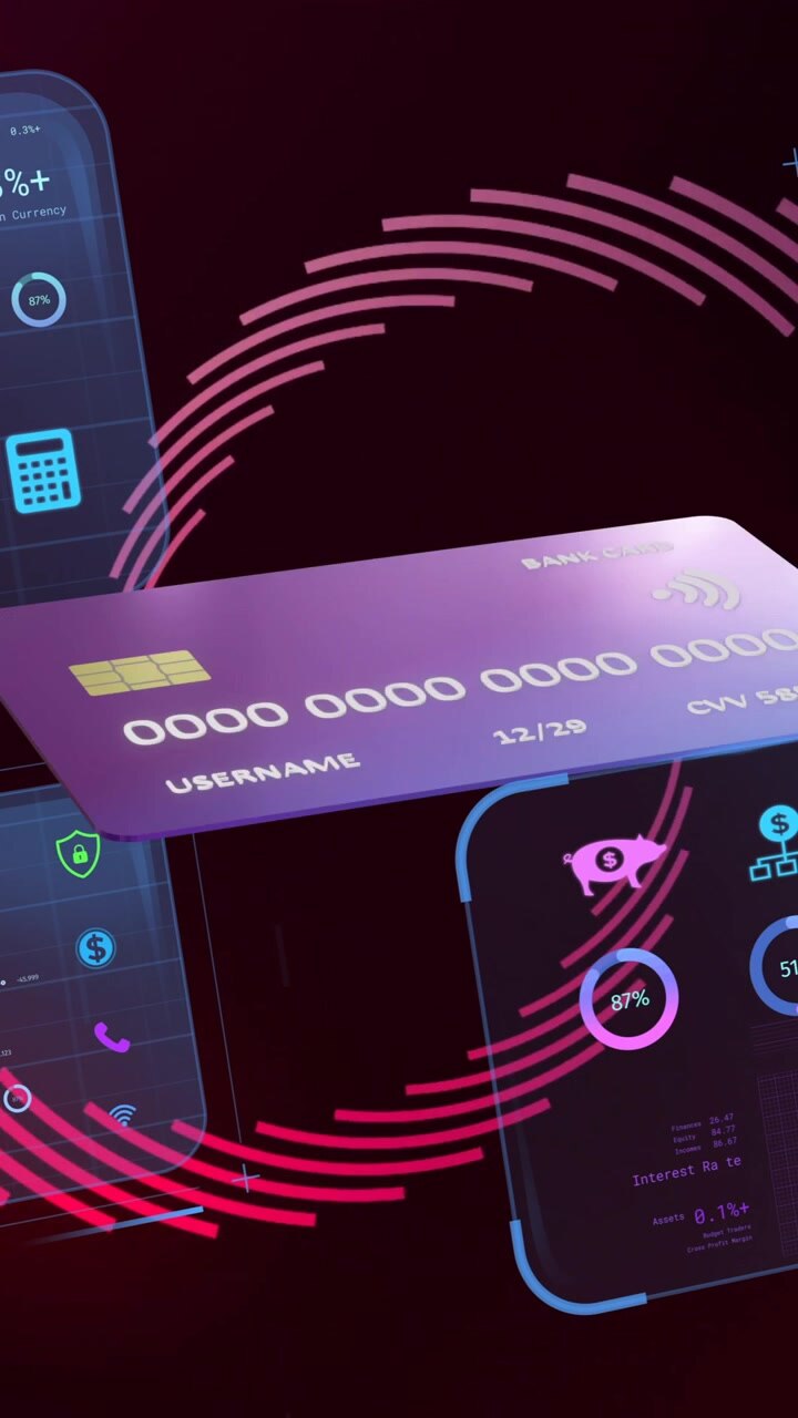 Displaying data analytics with graphs, digital dashboard in futuristic animation design