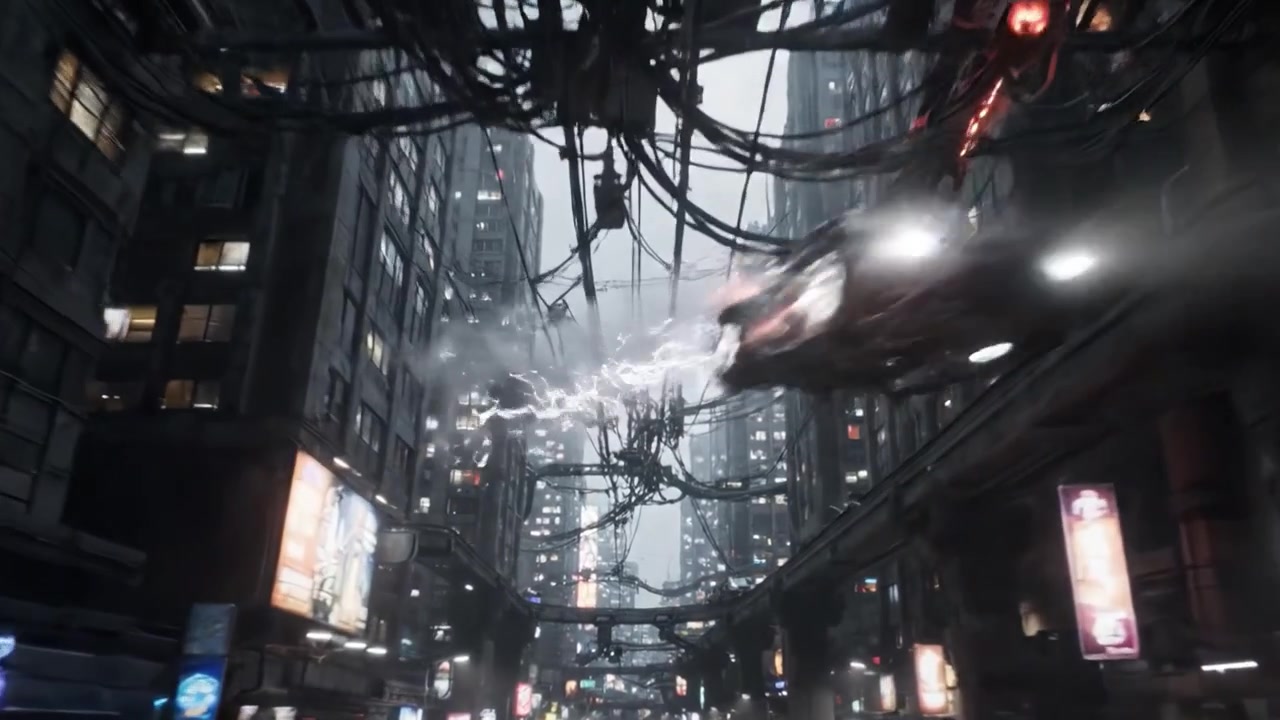 Un paesaggio urbano distopico con infrastrutture complesse e luci al neon che evidenziano il paesaggio urbano futuristico in un ambiente cupo con una fitta copertura nuvolosa e grattacieli.