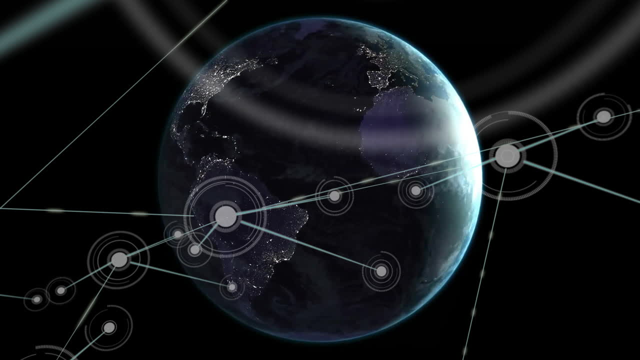 Earth spinning showing glowing city lights linking network nodes across continents in 3D render