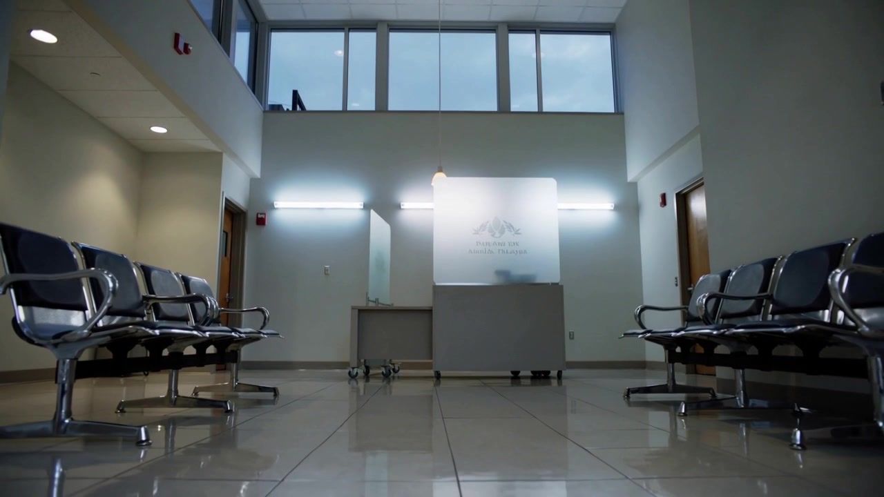 Klinikte ileri doğru hareket eden, yukarı eğilen kayar kamera, buzlu bir bölme ve sandalyeleri ortaya çıkarıyor
