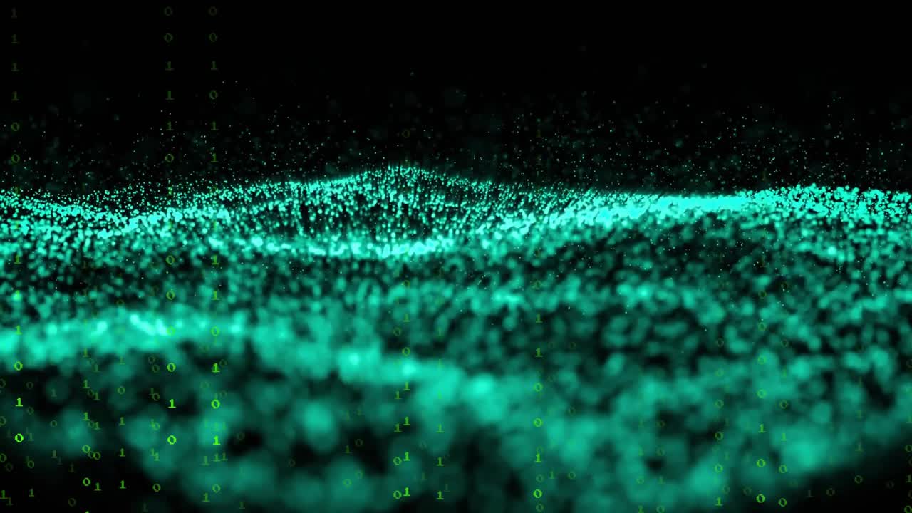 Binary streams rising above surface spurring teal plane densifying and forming waves to show data