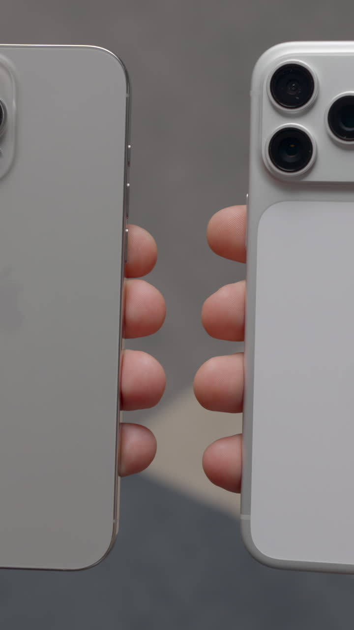 Muž drží a porovnává dvě generace moderního smartphonu, představující nový design fotoaparátu. Akce