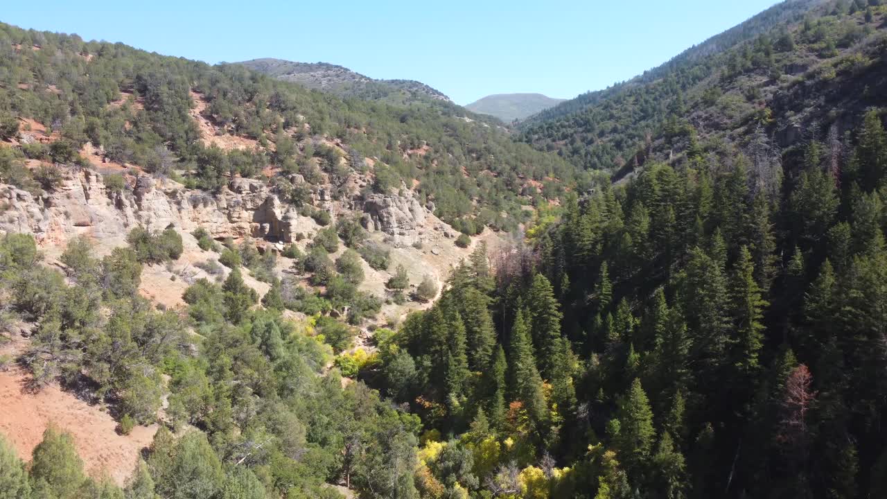 Scenic aerial footage of a Utah canyon and wooded trail leading to natural hot springs. Ideal for travel, nature, and outdoor adventure projects