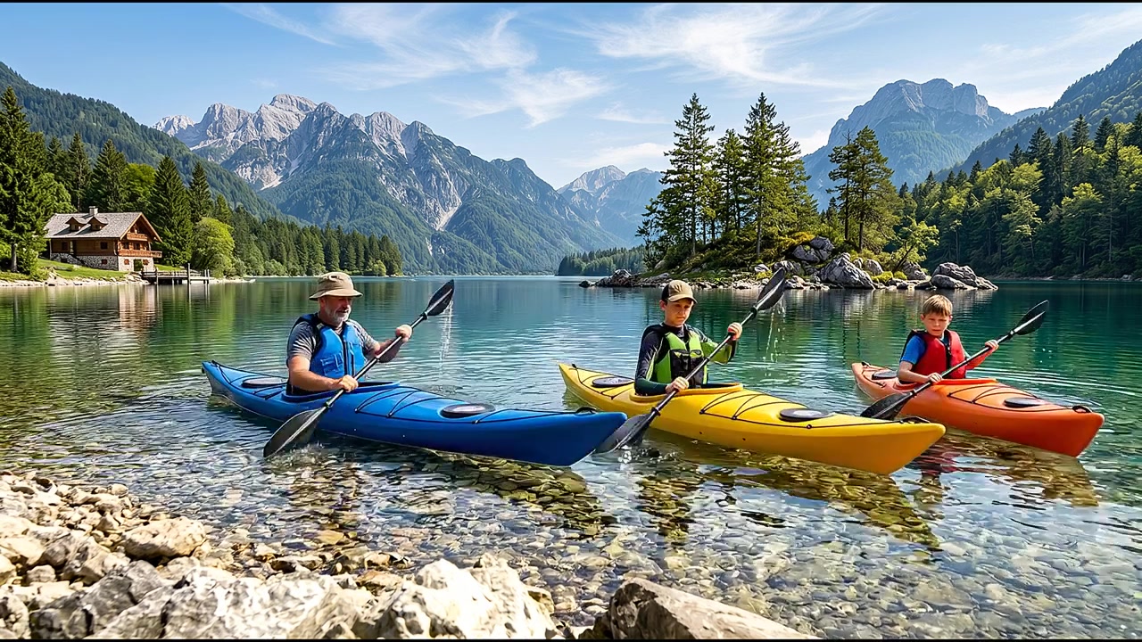 Spedizione di gruppo in kayak che esplora un bellissimo paesaggio selvaggio