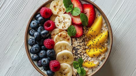 healthy breakfast bowl with fresh fruits and granola on wooden table