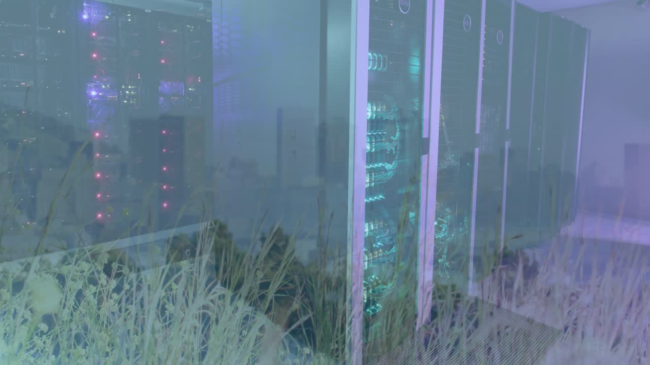 Animation of cityscape and data processing and computer servers