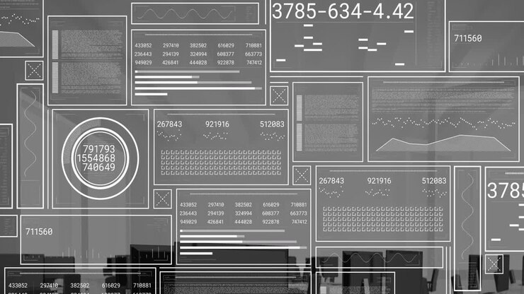 Animation of interface with data processing against empty office