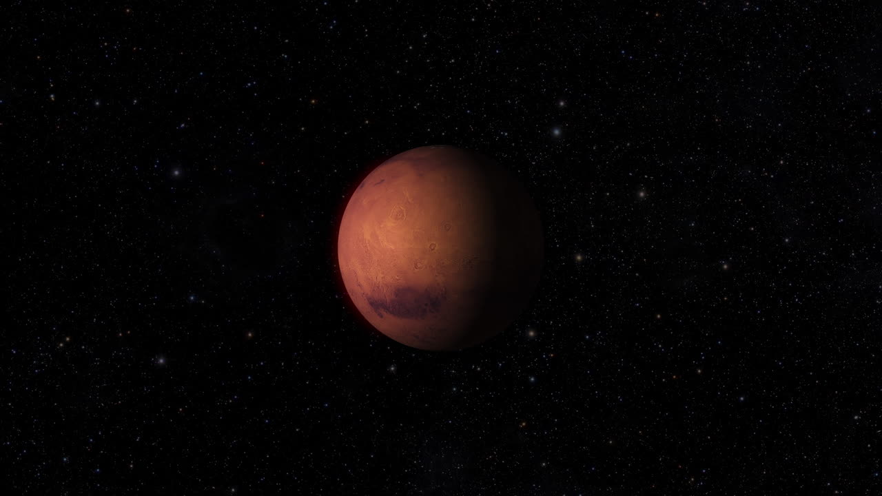 CGI composite: planet Mars rotating, center-wide shot, half lit with a starry background