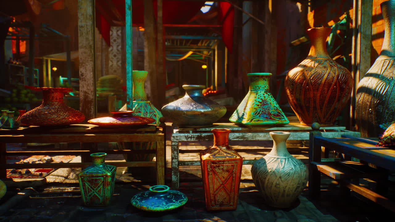 Colorful vases fill room