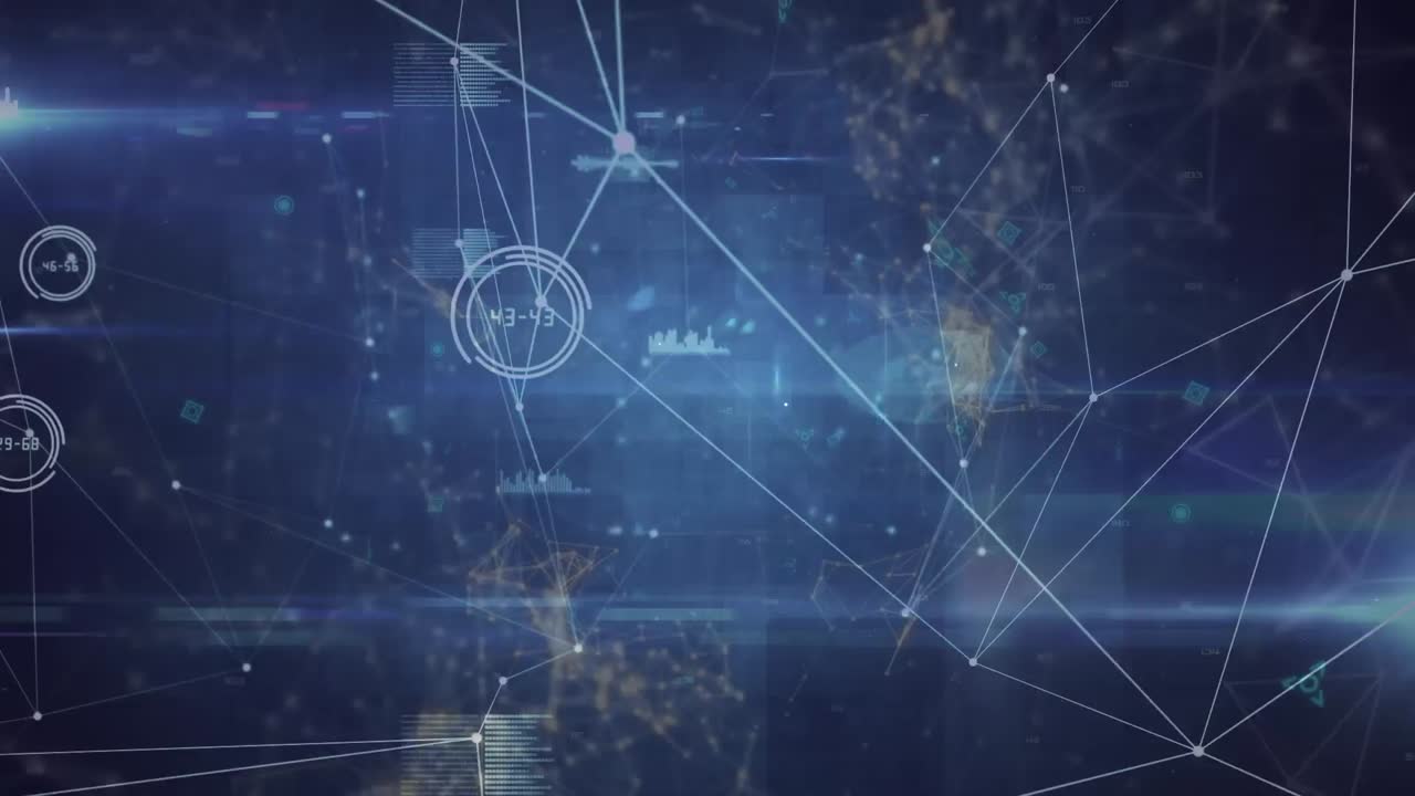 Animation of data processing and icons on blue background