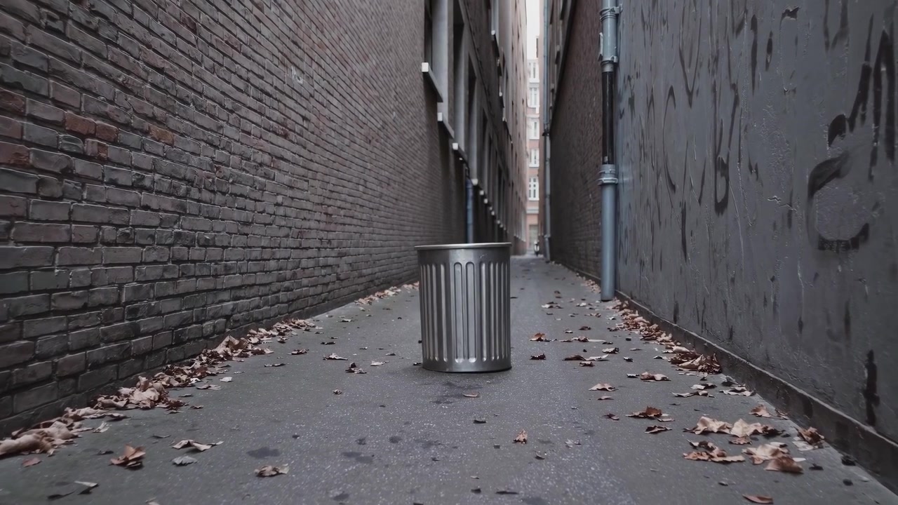 Metal Trash Can Standing in a Narrow Urban Alleyway