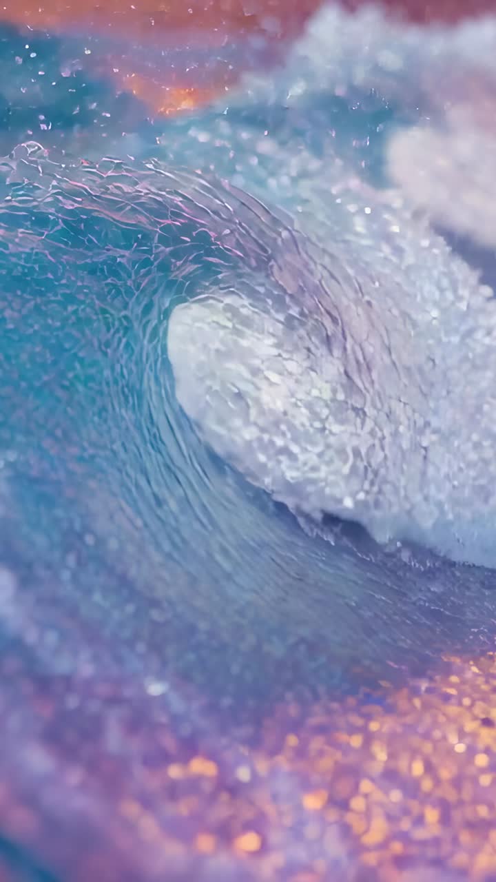 Vertical video: Building from left, ocean wave curling lip and shedding foam near sunset with spray