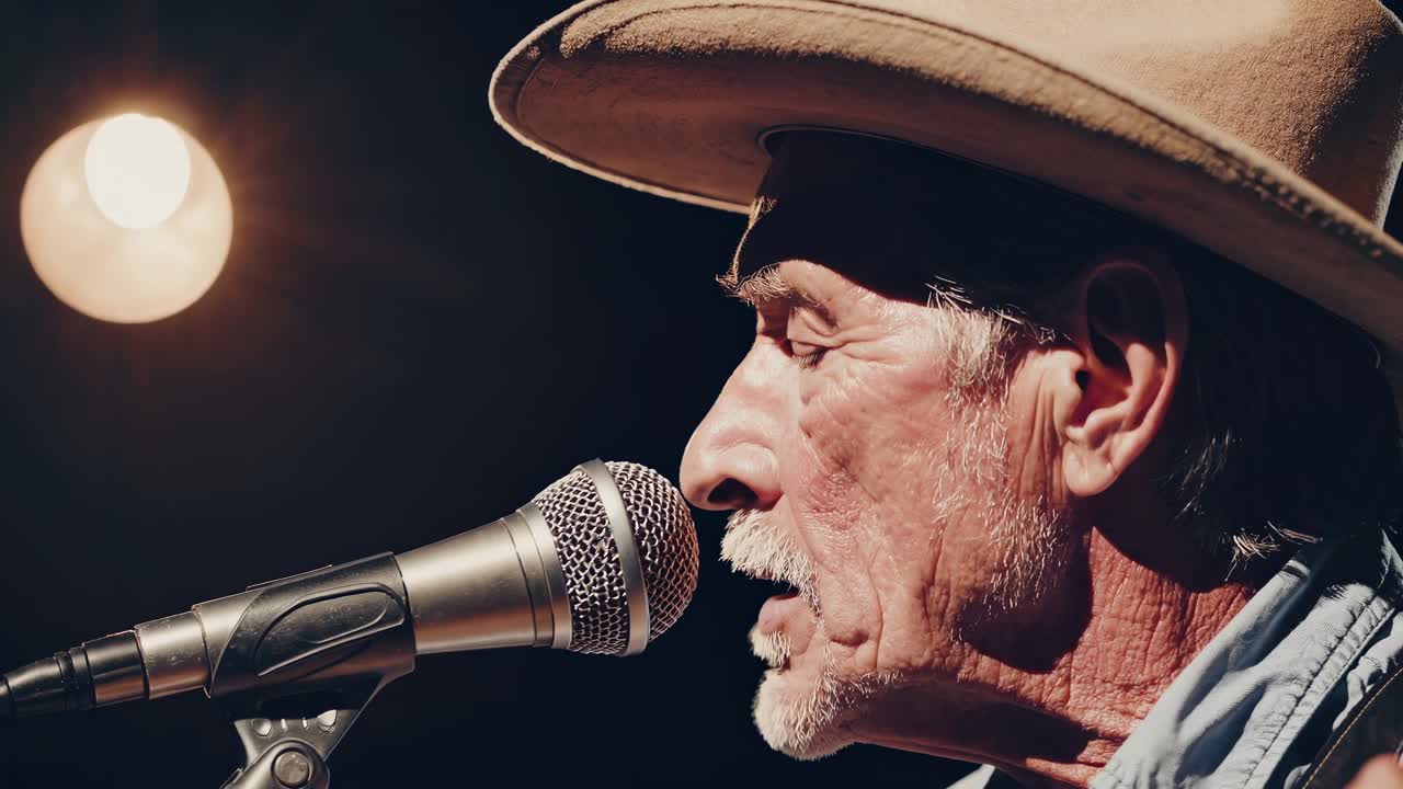 Close-up video of a musician singing and playing guitar, captured from a side angle